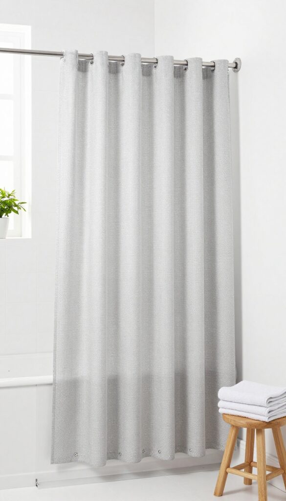 Small bathroom with a shower curtain featuring a built-in liner, showing the clear inner layer and weighted magnets, styled with natural light and minimal decor.