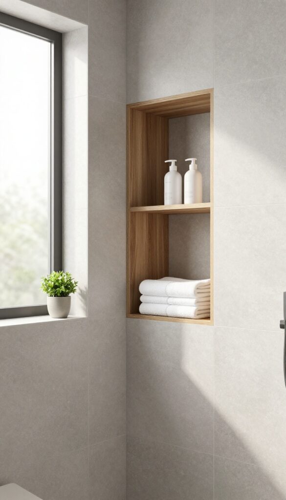 Modern bathroom shower with a built-in open shelving niche holding toiletries, towels, and a plant