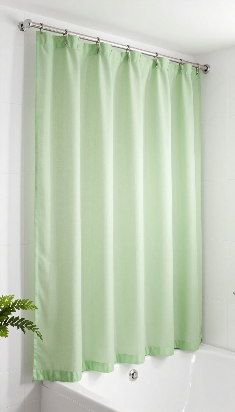 Modern bathroom with tall shower curtain and decorative valance
