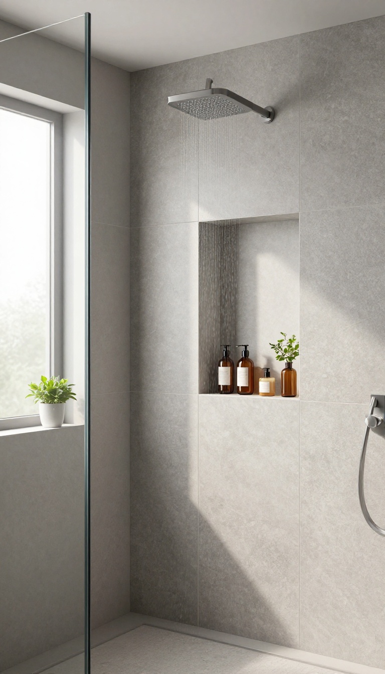 Modern shower with a built-in recessed niche holding toiletries, illuminated by natural light