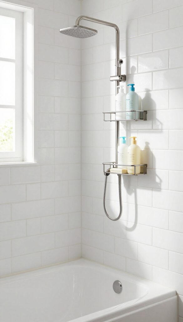 Wall-mounted shower caddy with soap dish in a small bathroom