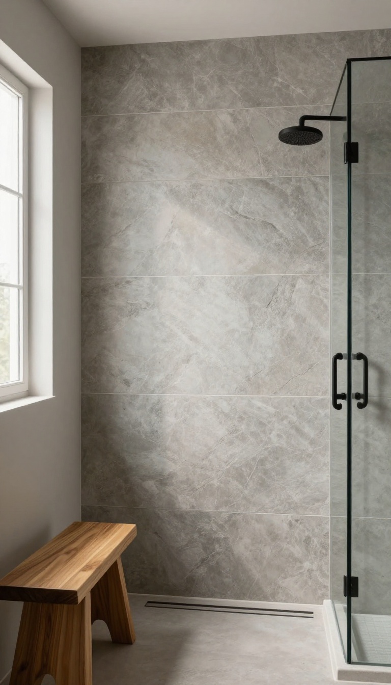 Textured tile half wall in a modern shower with natural light and wood accents