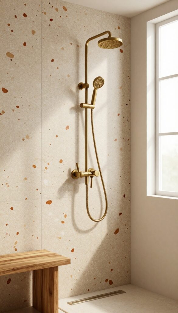 Modern shower with warm terrazzo tile accent wall, teak bench, and brass fixtures in natural light.
