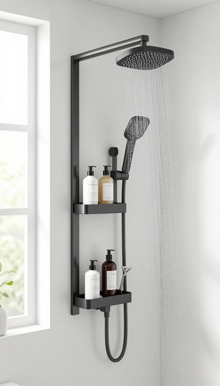 Modern shower with magnetic caddy on metal frame