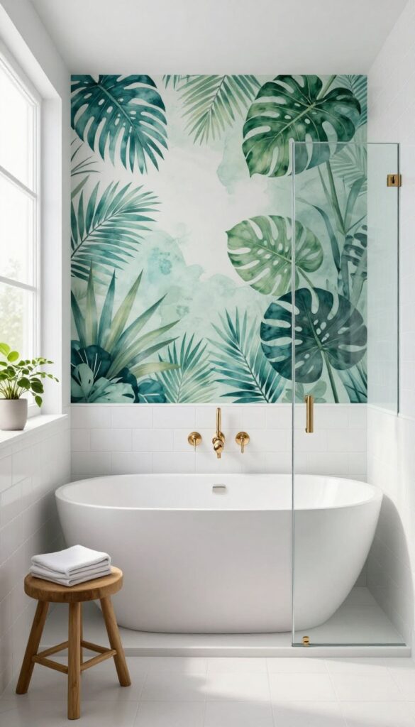 Hand-painted tropical mural above a shower in a bright, airy bathroom