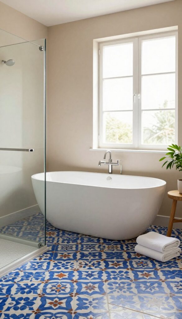 Modern bathroom with patterned tile floor, neutral walls, and a freestanding bathtub