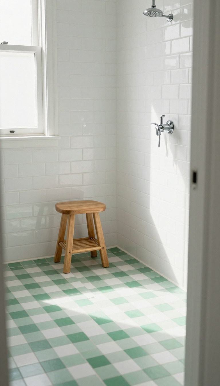 Green and white checkerboard tile floor in a shower with white subway tile walls and chrome fixtures.