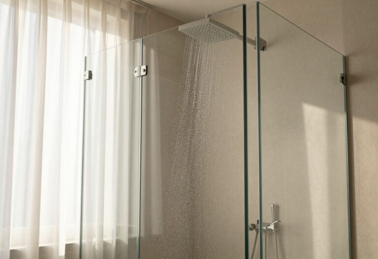 Modern bathroom with a rainfall shower head in a glass shower