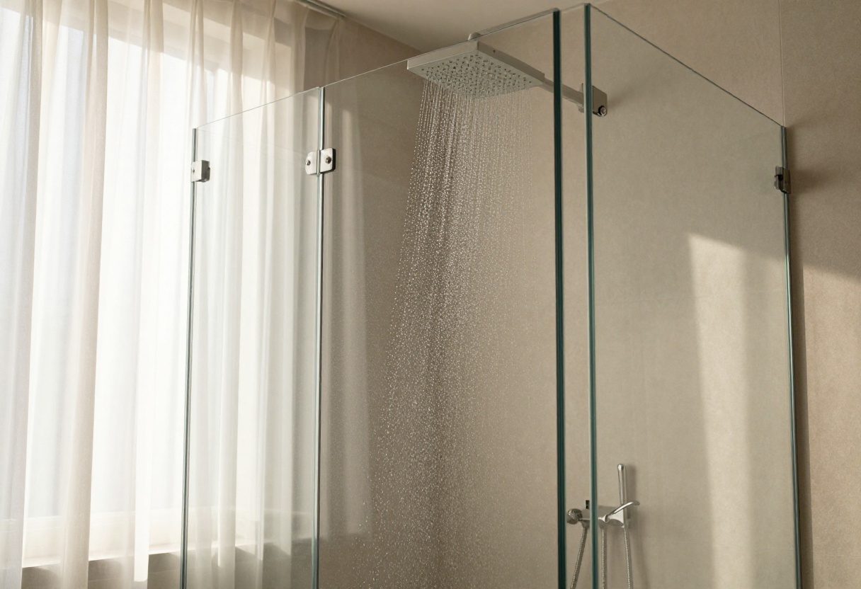 Modern bathroom with a rainfall shower head in a glass shower