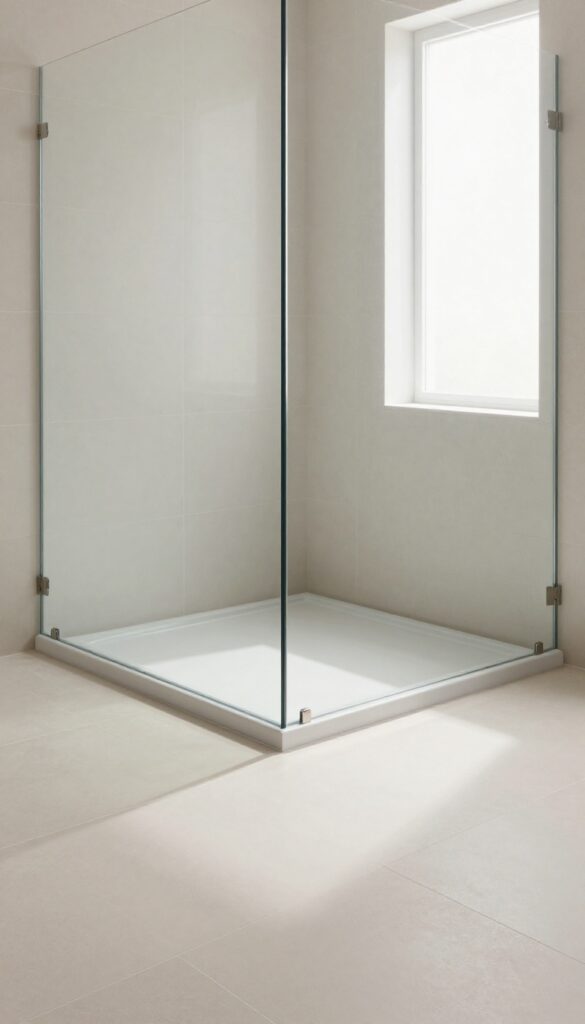 Sleek low-profile shower pan with frameless glass and large-format tiles in a bright modern bathroom