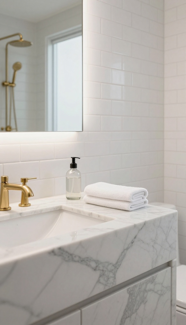 Elegant bathroom pony wall with honed Carrara marble top and white subway tile, featuring brass fixtures and natural light.