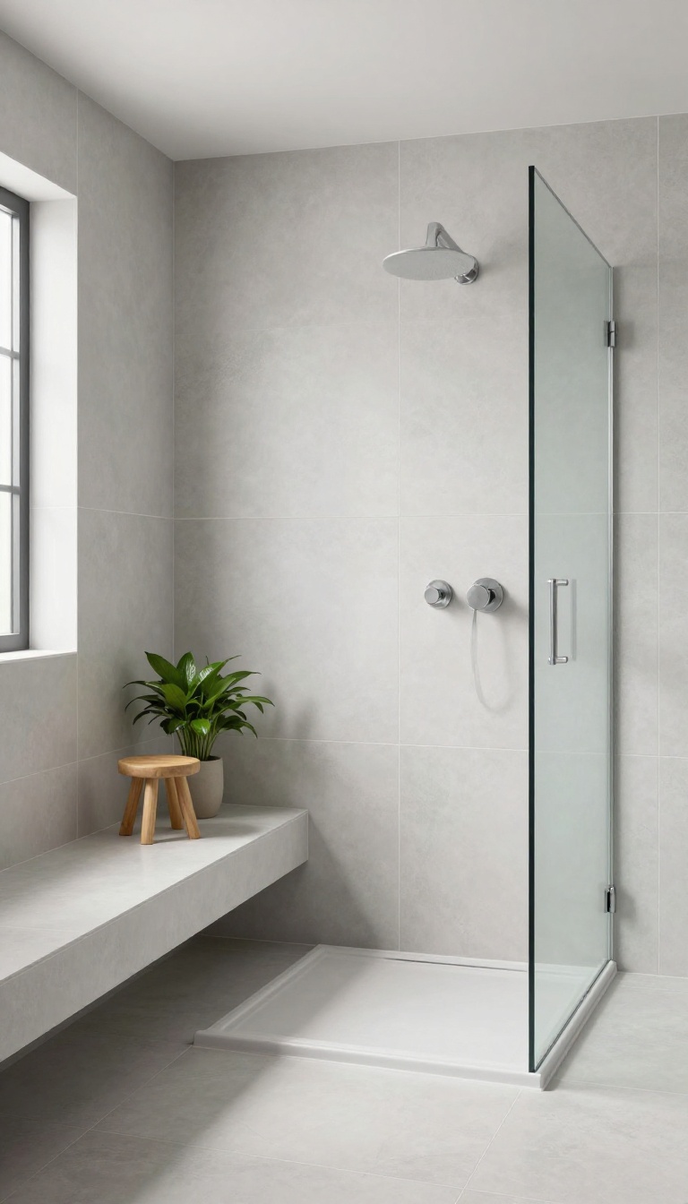 Modern shower with a built-in bench tiled to match the walls, featuring a wooden stool and a plant for a spa-like feel.