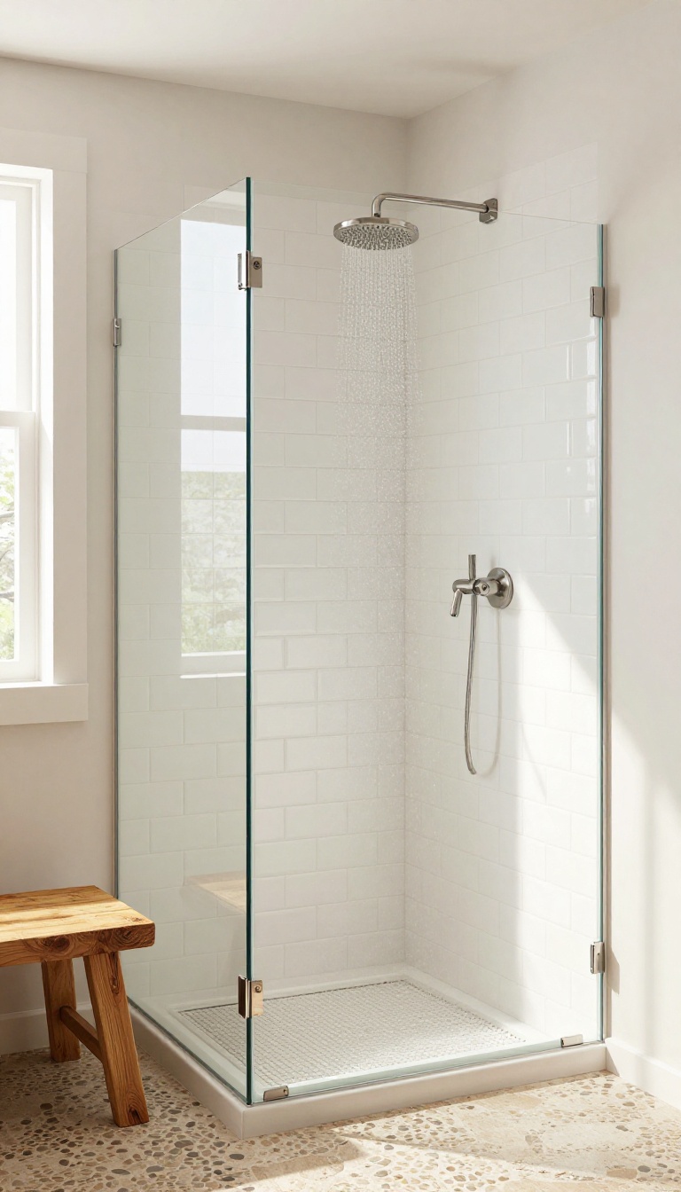 Farmhouse walk-in shower with a rustic teak wooden bench, warm and inviting