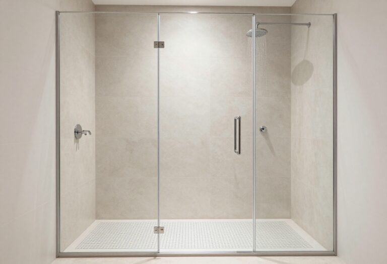 Modern walk-in shower with a built-in tile seat and glass enclosure