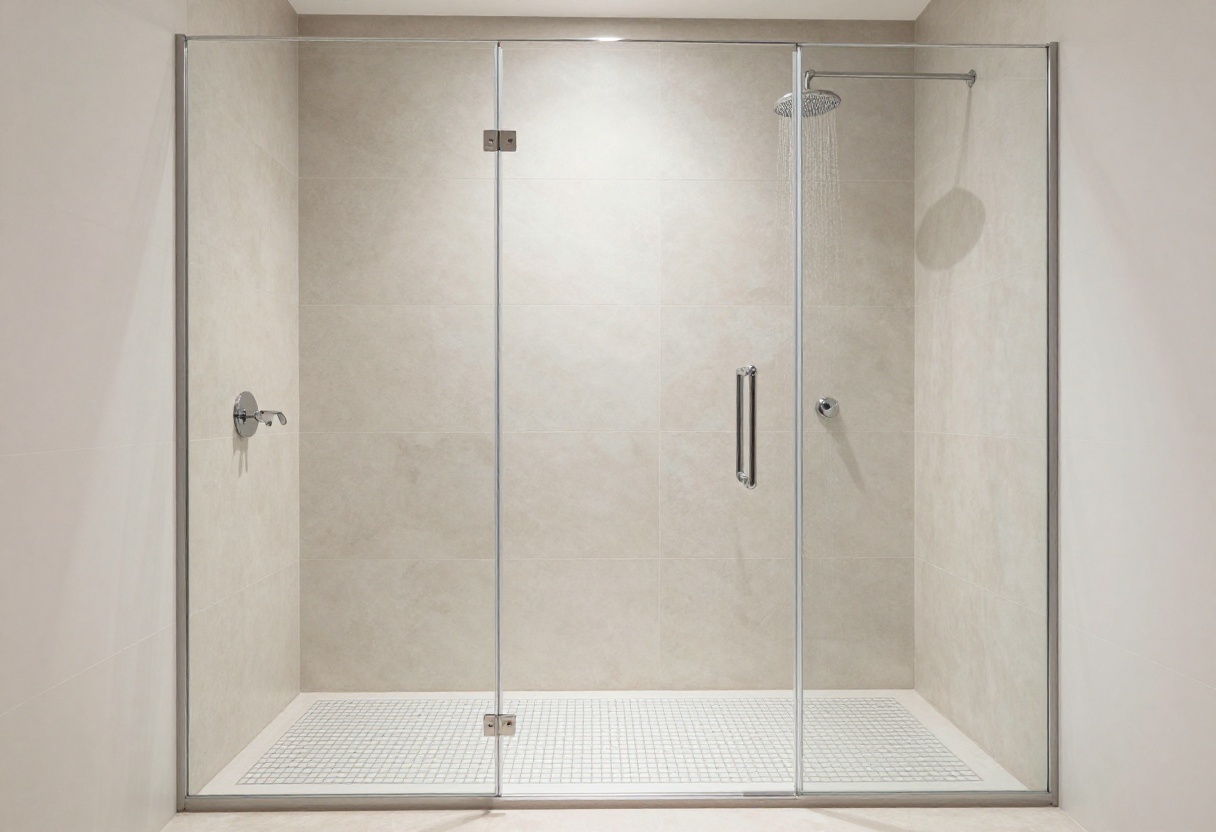 Modern walk-in shower with a built-in tile seat and glass enclosure