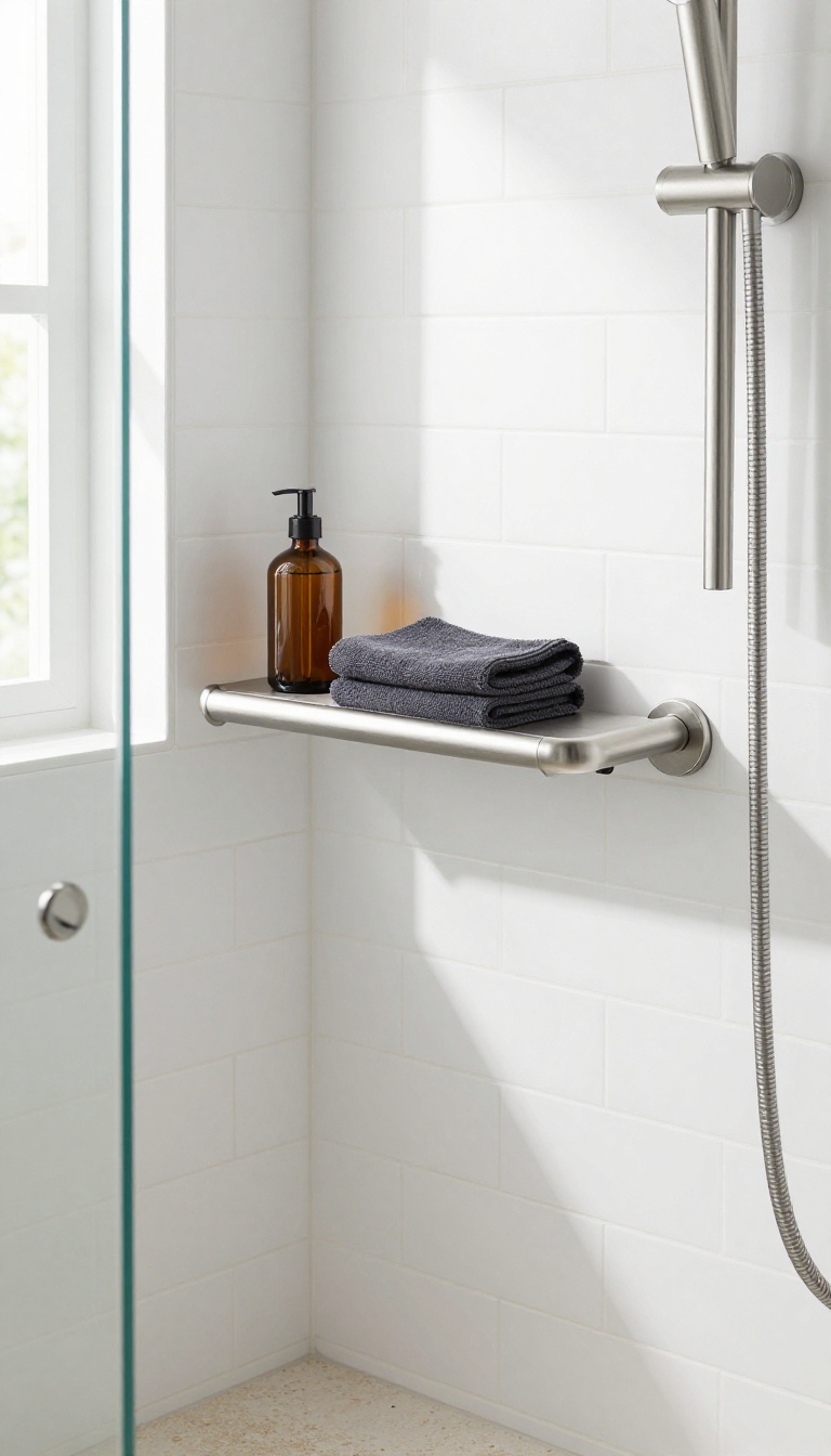 Small bathroom shower with a grab bar that doubles as a shelf holding shampoo and a washcloth