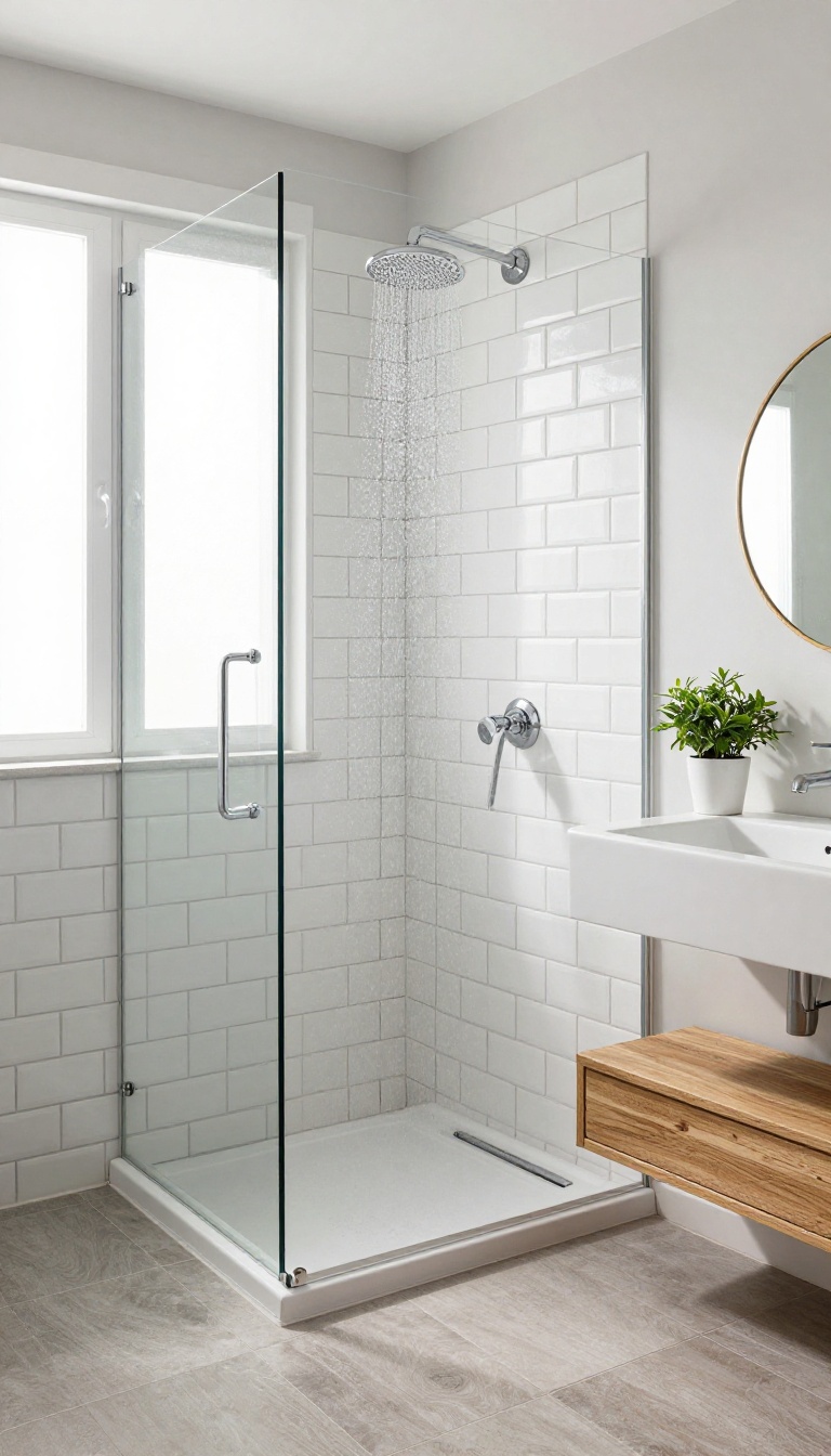 Small bathroom with a half-wall shower partition made of white subway tile, open at the top, with a glass panel and rainfall showerhead.