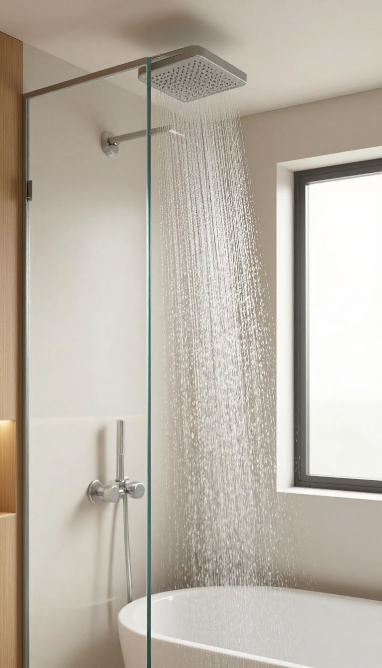 A modern bathroom with a rainfall showerhead over a bathtub, creating a spa-like atmosphere.