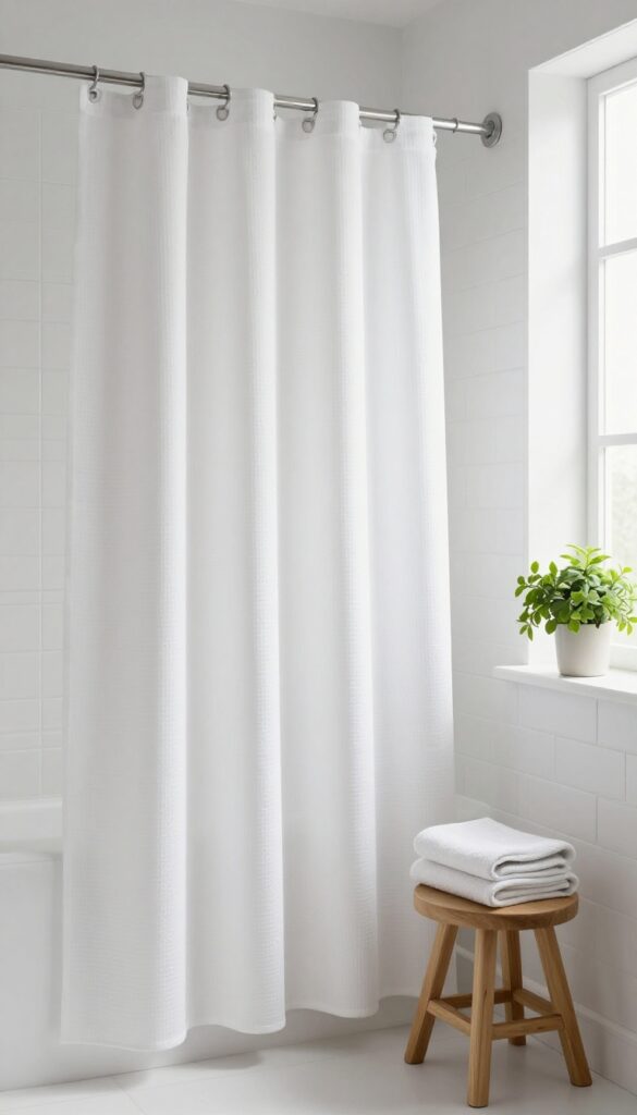 Minimalist white shower curtain in a bright small bathroom with natural light and subtle texture