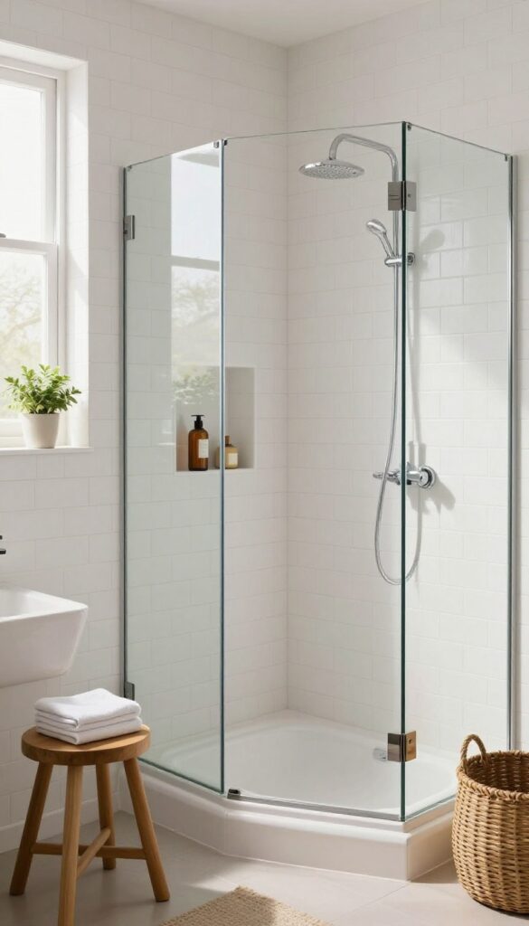 Corner bathtub with shower combo featuring built-in shelves in a bright, tiled bathroom.