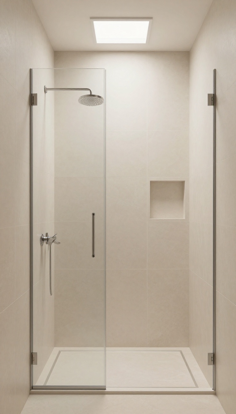 Walk-in shower with matte beige tiles and frameless glass, soft light, minimal glare