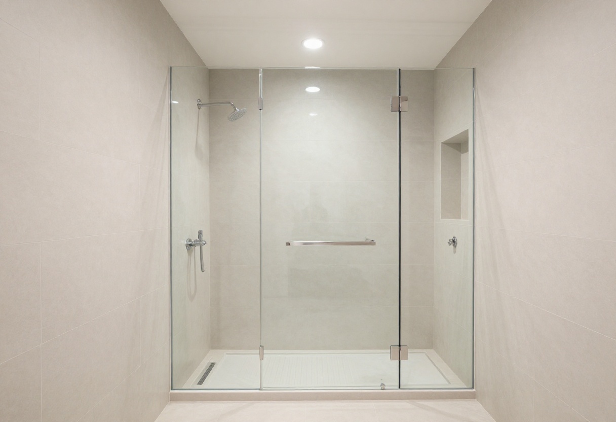 Modern master shower with frameless glass and rain showerhead