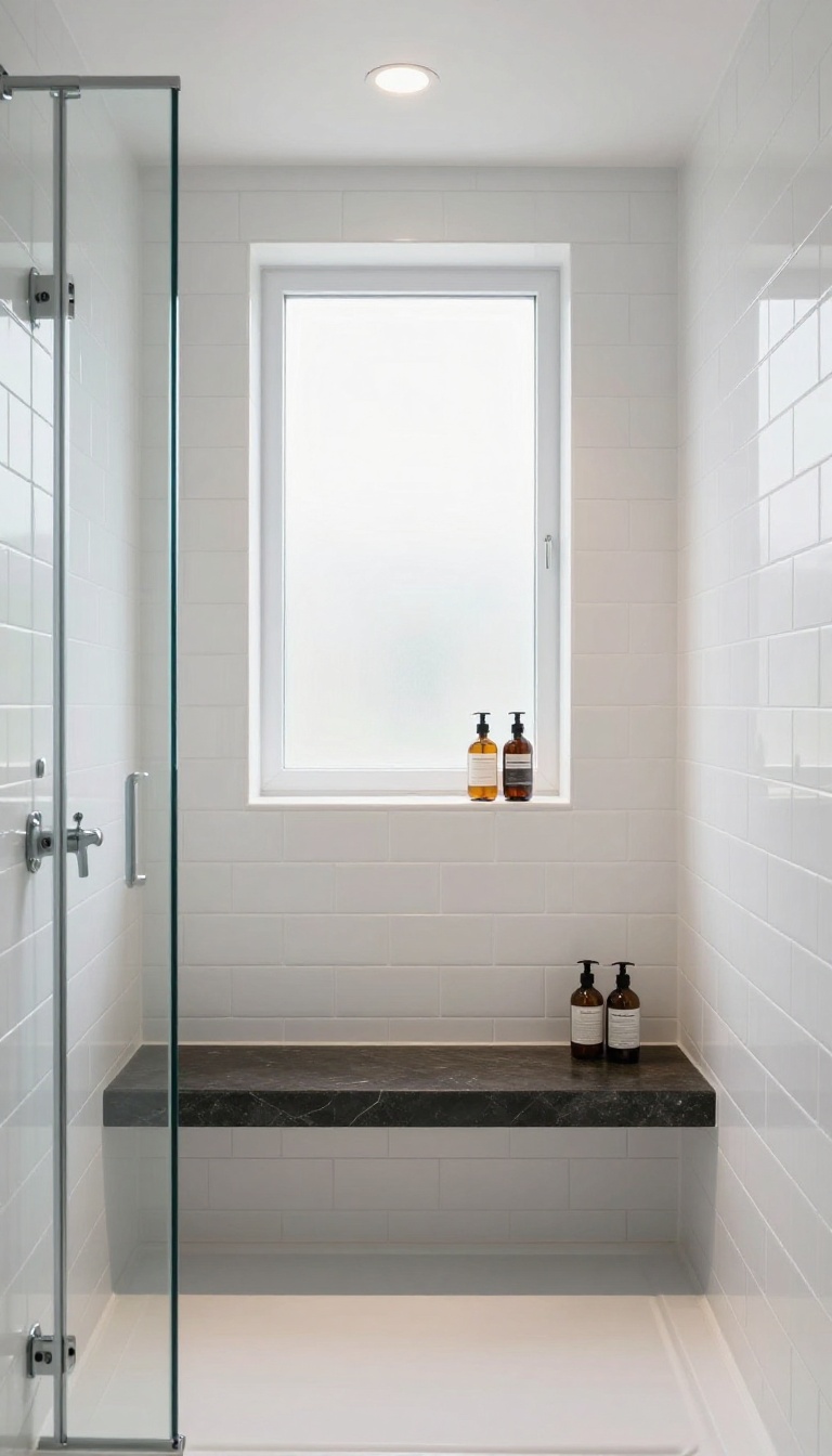 Modern walk-in shower with recessed lighting and LED strip illuminating a shower niche and bench.