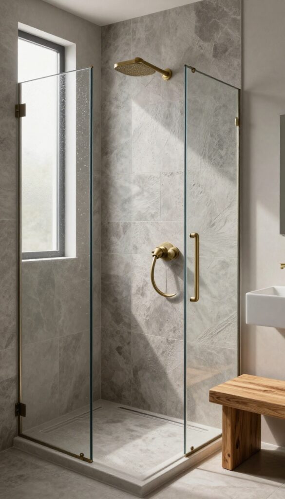 Textured grey stone-look tiles in a modern walk-in shower with warm wood accents and brushed brass fixtures