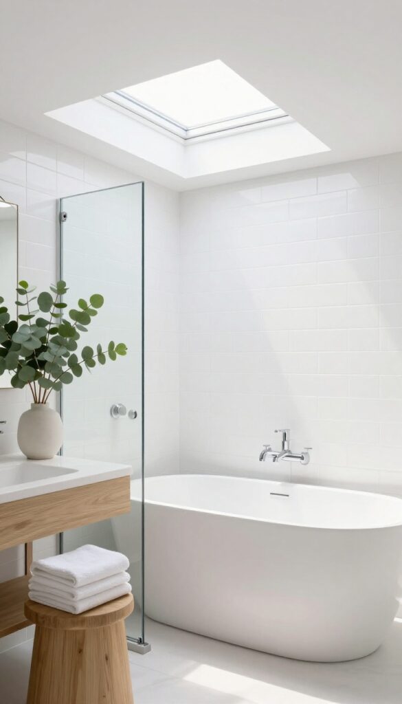 Bright bathroom with a skylight above a bathtub and shower combo, featuring natural light and a clean, inviting design.