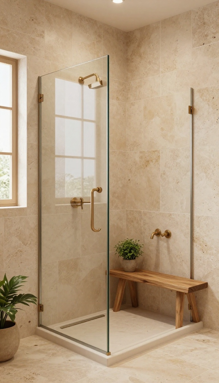 Warm travertine stone shower with rustic, earthy vibe
