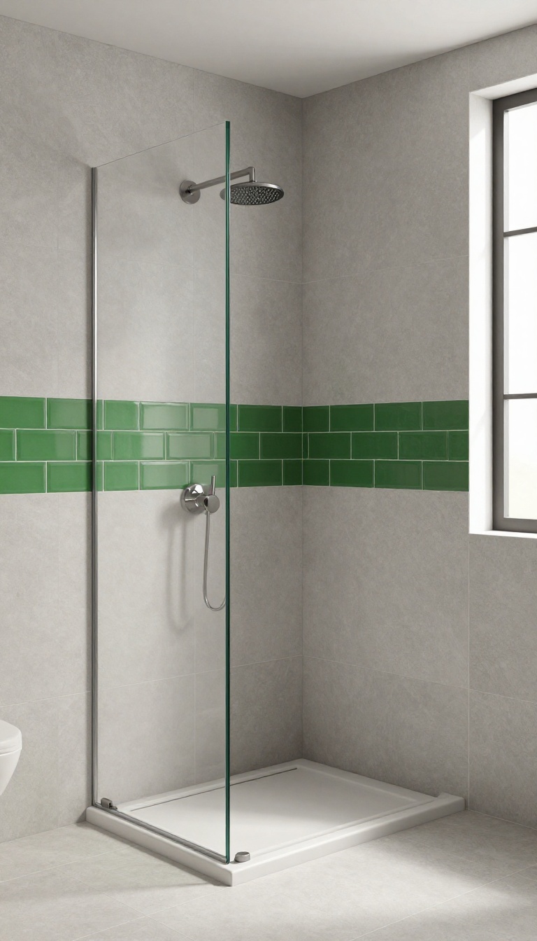 Small walk-in shower with a horizontal band of emerald green accent tile at eye level, neutral gray tiles, and a frameless glass door.