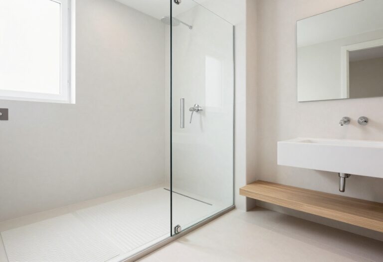 Modern curbless shower with linear drain and glass panel