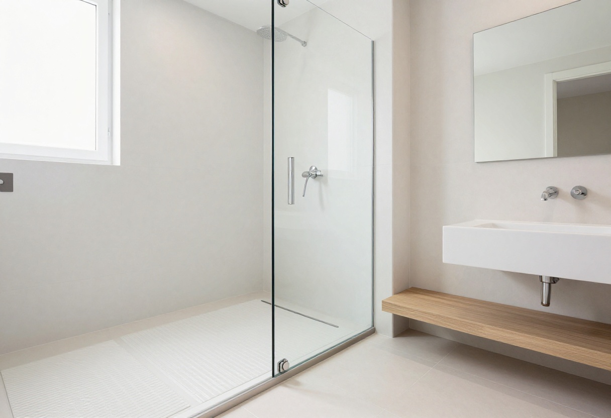 Modern curbless shower with linear drain and glass panel