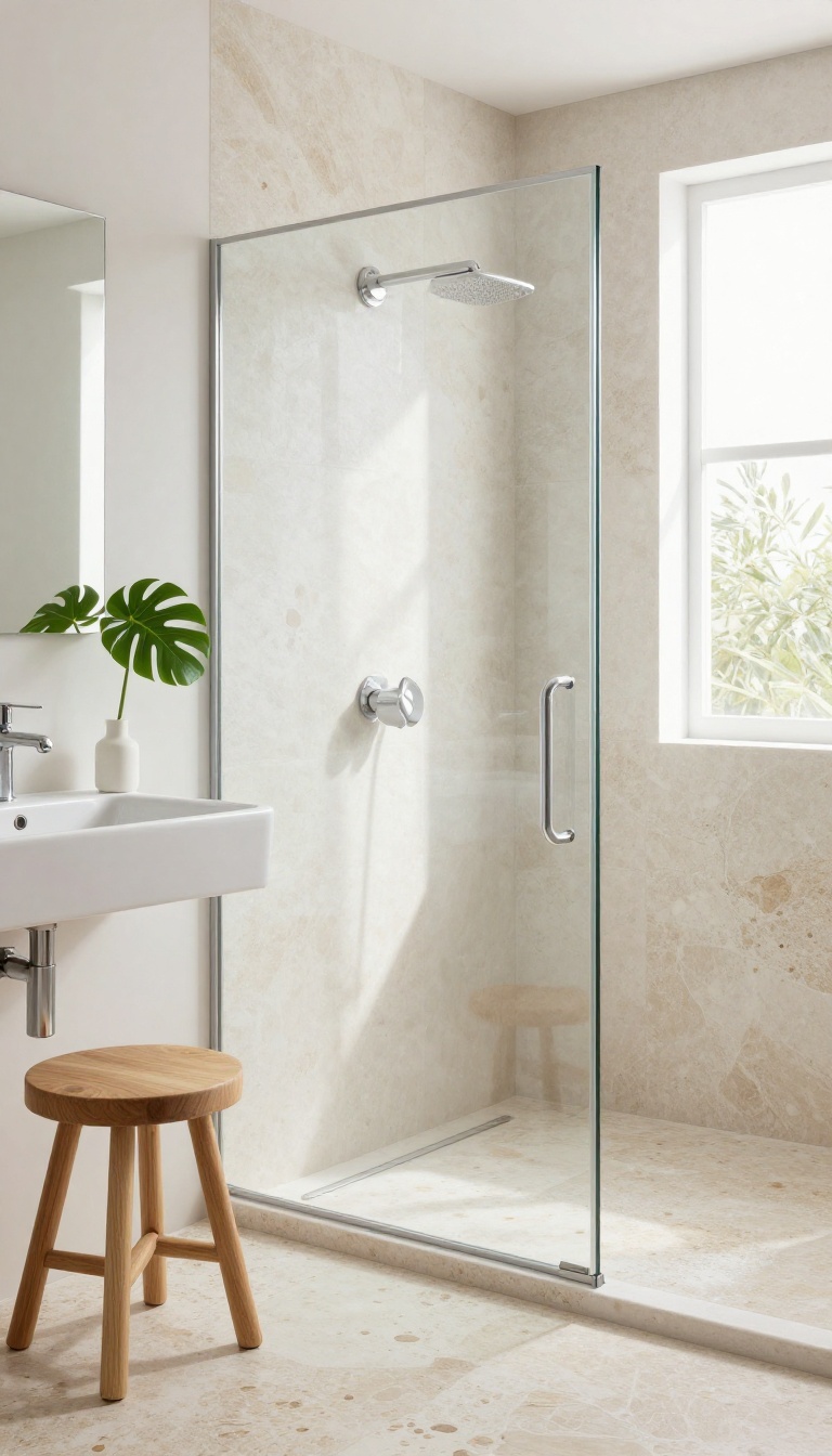 Modern bathroom with pebble floor and glass wall shower partition