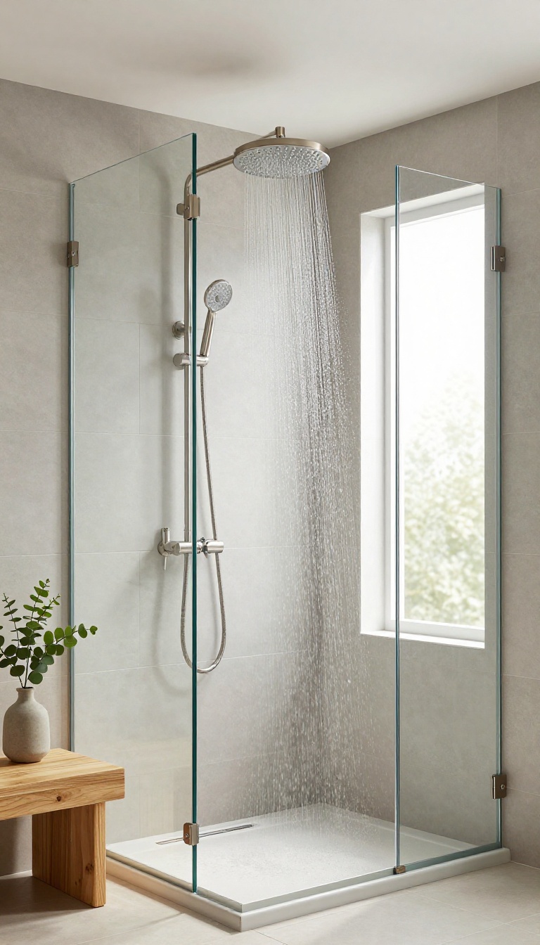 Modern bathroom shower with a rainfall showerhead and soft water spray