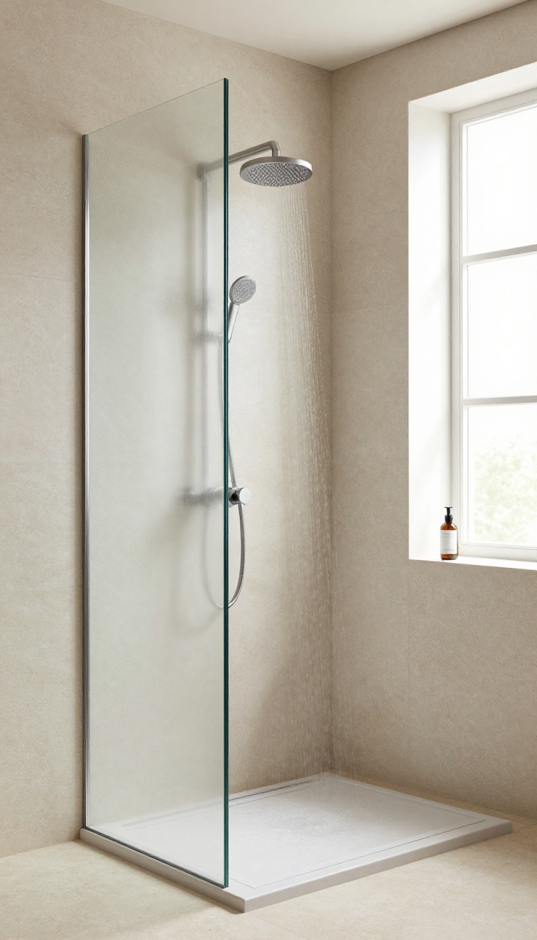 Curbless shower with an anti-fog mirror mounted on the side wall, angled for convenience and safety.