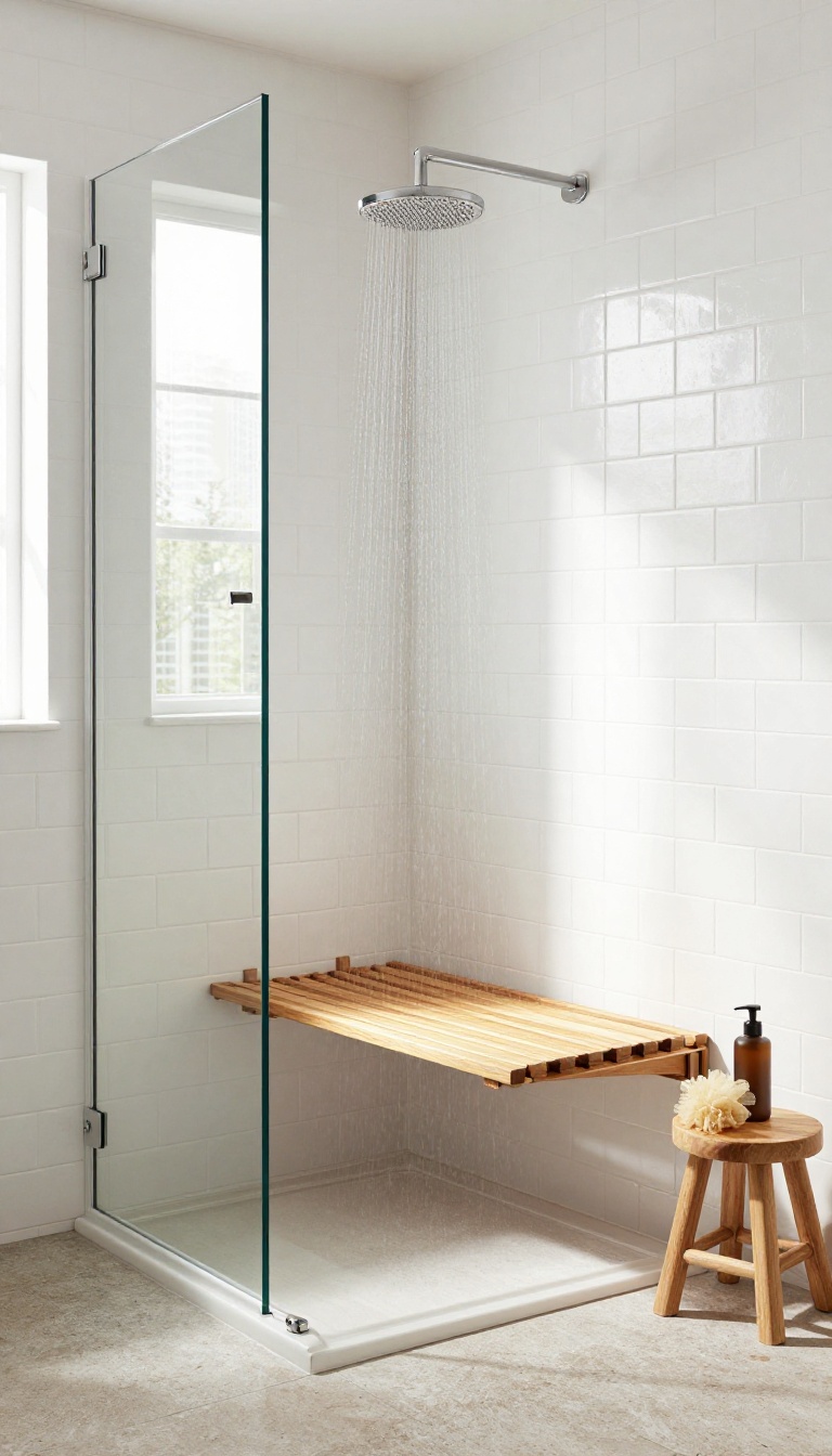 Fold-down teak shower seat folded up against a white subway tile wall in a bright modern shower room