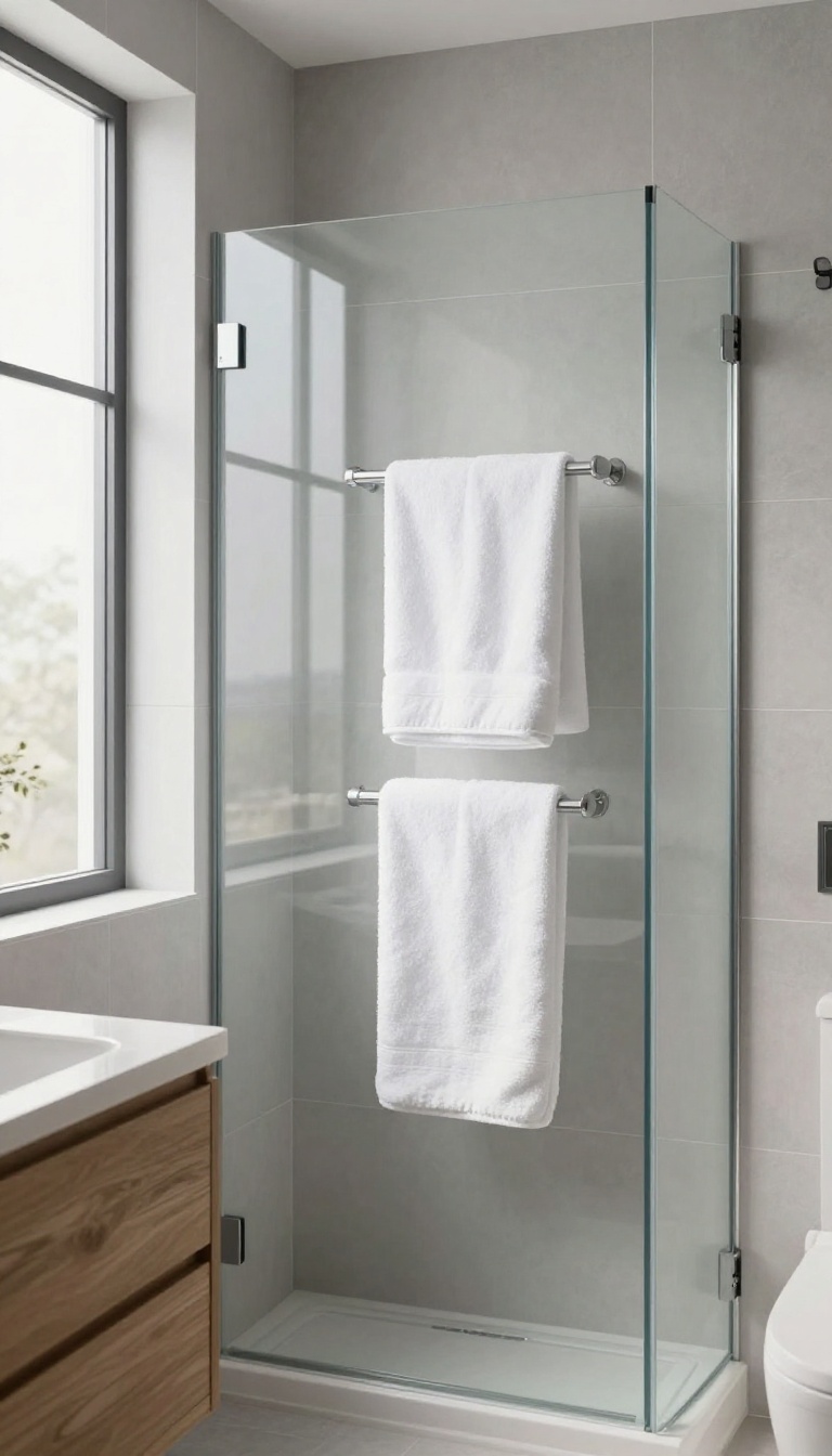 Modern bathroom with a heated towel rack near the shower, holding a fluffy white towel