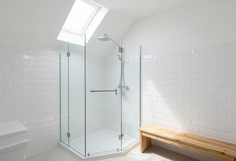 Corner shower cabin with glass panels and skylight in a modern bathroom
