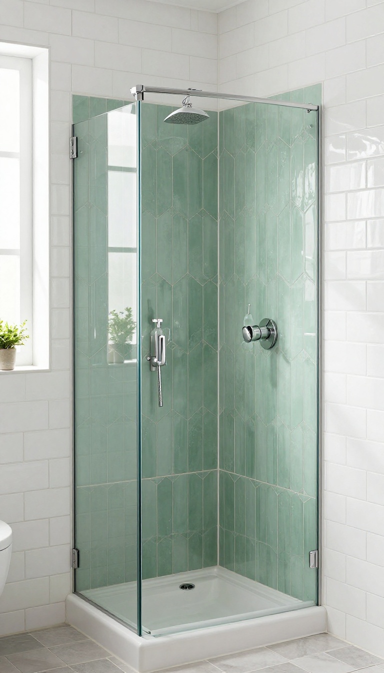 Pony wall with sage green hexagonal tile accent and shelf holding shampoo bottle, soap dish, and small plant in a bright bathroom