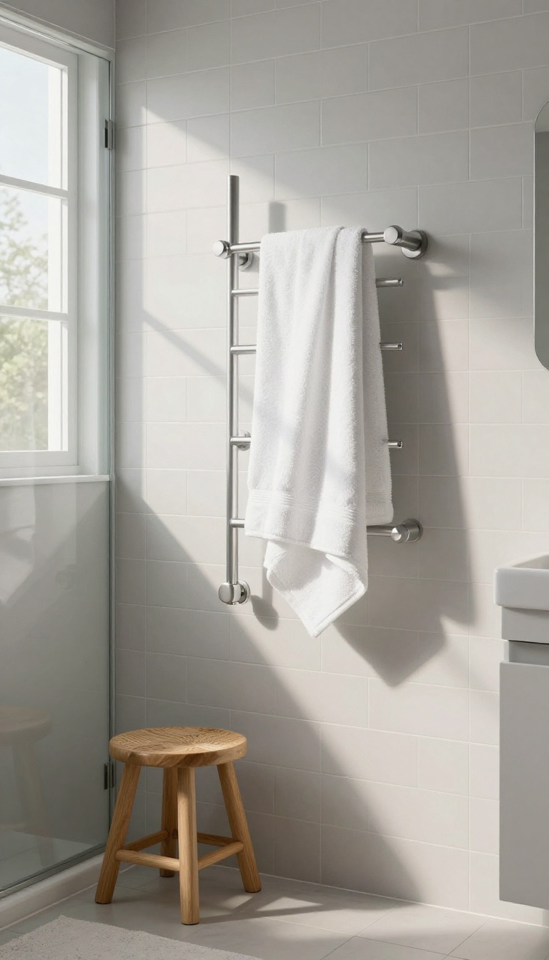 Modern bathroom with a heated towel rail holding white towels, near a glass shower, with natural light and minimal decor.
