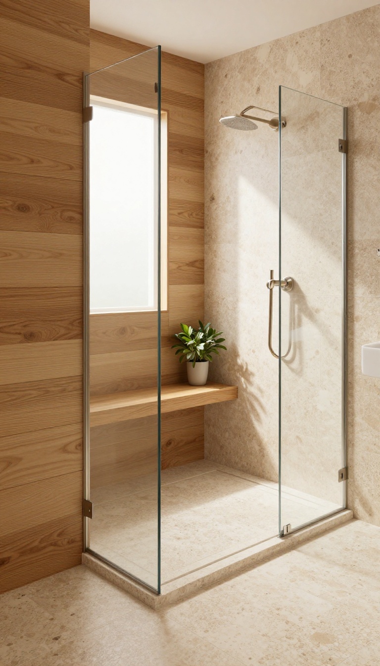 Warm wood-look porcelain tiles paired with natural travertine stone in a bright, spa-like shower with a bench and glass partition.