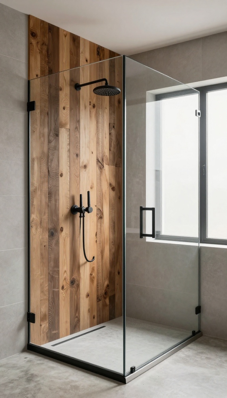Rustic walk-in shower with reclaimed wood accent wall, sleek tiles, and glass partition