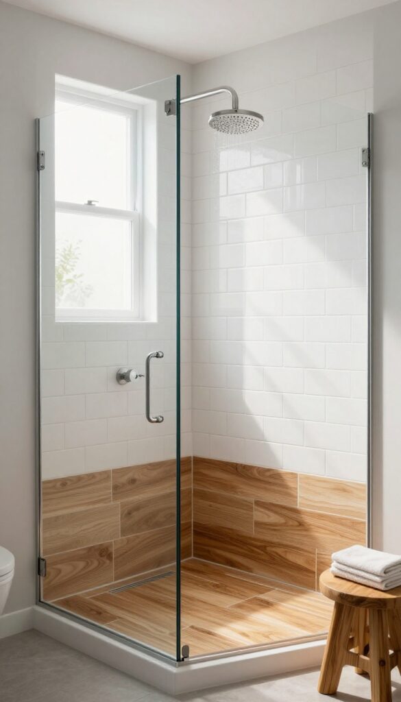 Walk-in shower with wood-look tile on the seat and accent wall, white subway tile walls, and natural light