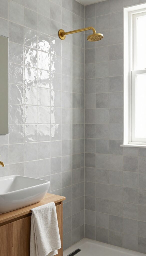 Grey zellige tiles in a shower with warm wood and brass fixtures