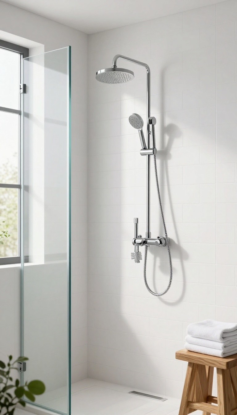 Modern bathroom shower with a shower tower panel featuring multiple jets, rainfall head, and handheld sprayer in a bright, spa-like setting.