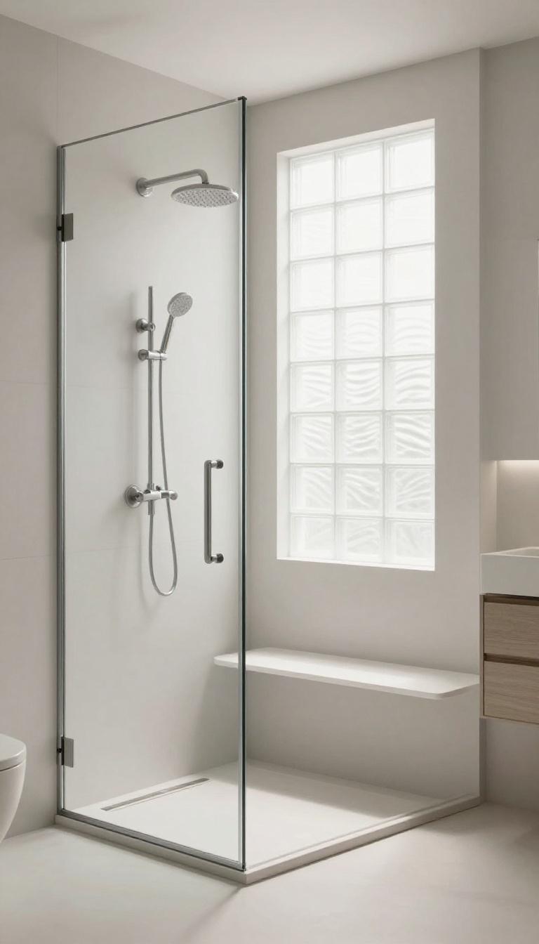 Modern master bathroom shower with a frosted glass block window providing privacy and natural light.