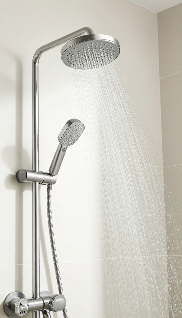 High-pressure shower head with a powerful water spray in a modern bathroom