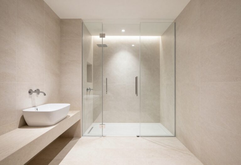Modern bathroom with a glass half wall shower and natural stone tiles