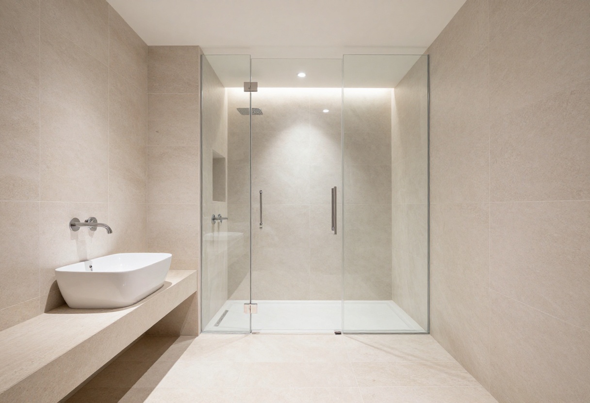 Modern bathroom with a glass half wall shower and natural stone tiles